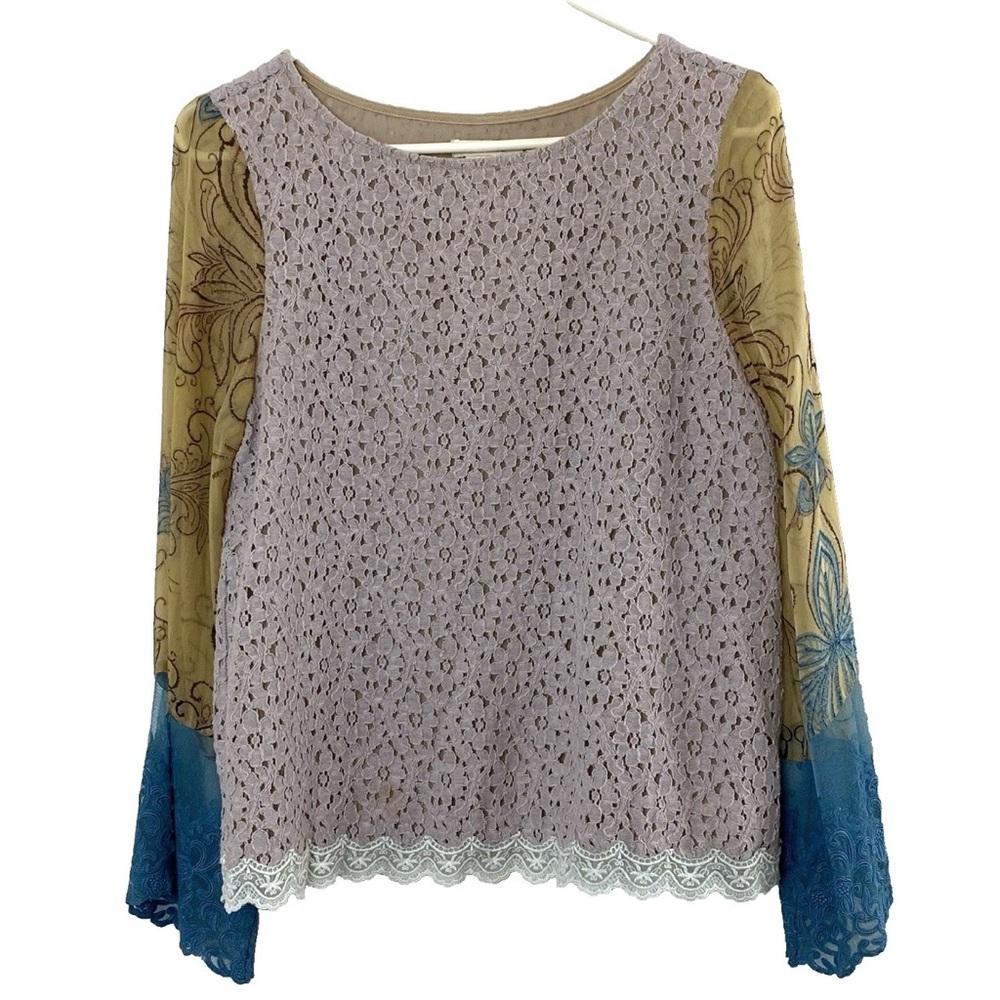 Sundance Suzette Lace & Colorful Printed Silk Sleeve Mixed Media Blouse - Small